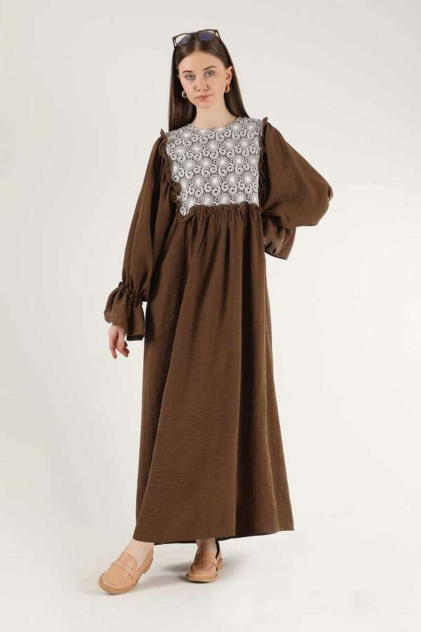 Lace Detail Frilly Dress Brown - 1