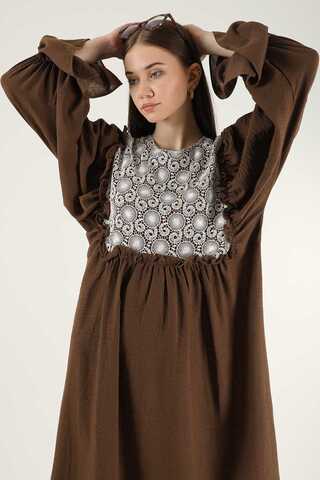 Lace Detail Frilly Dress Brown - 2