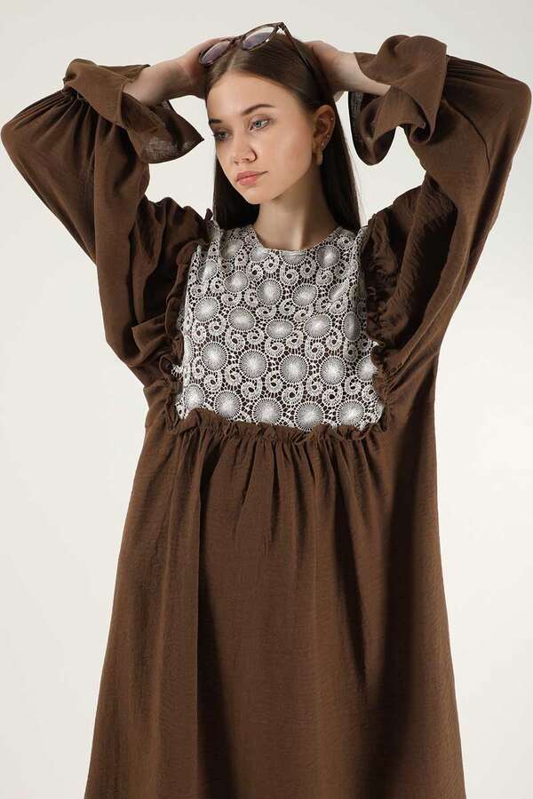 Lace Detail Frilly Dress Brown - 2