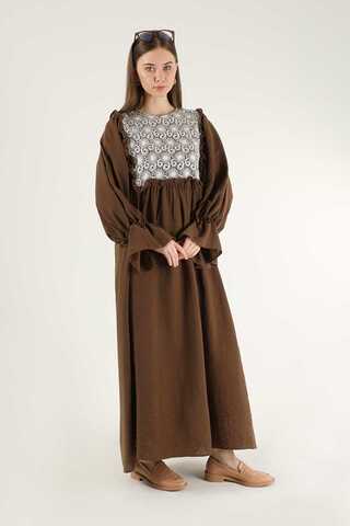 Lace Detail Frilly Dress Brown - 3