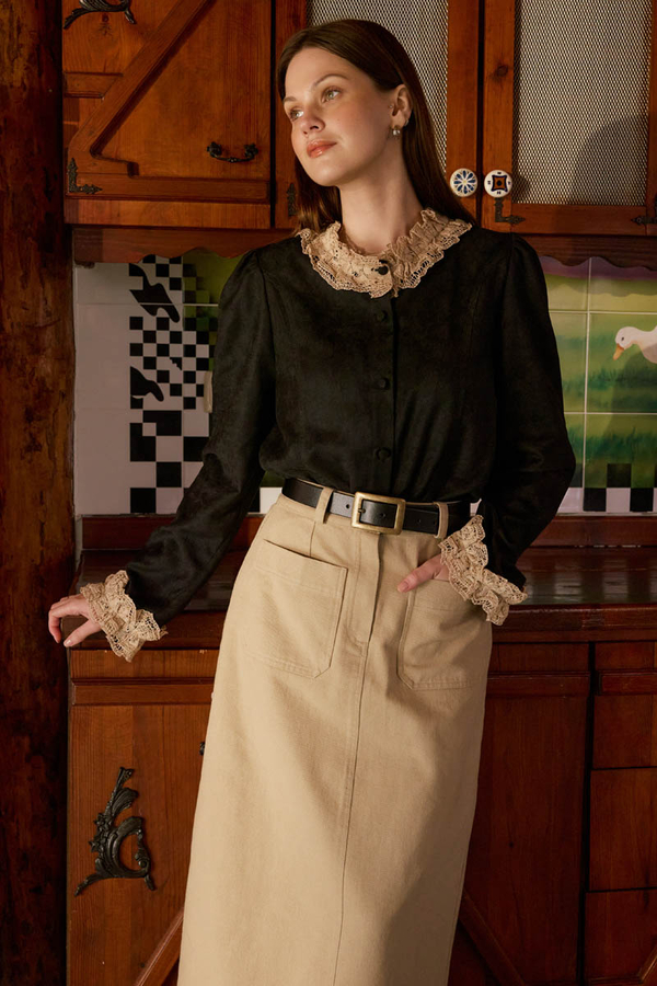 Lace Detail Short Suede Shirt Black - 2