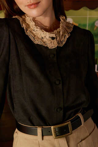 Lace Detail Short Suede Shirt Black - 3