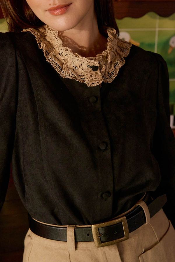 Lace Detail Short Suede Shirt Black - 3