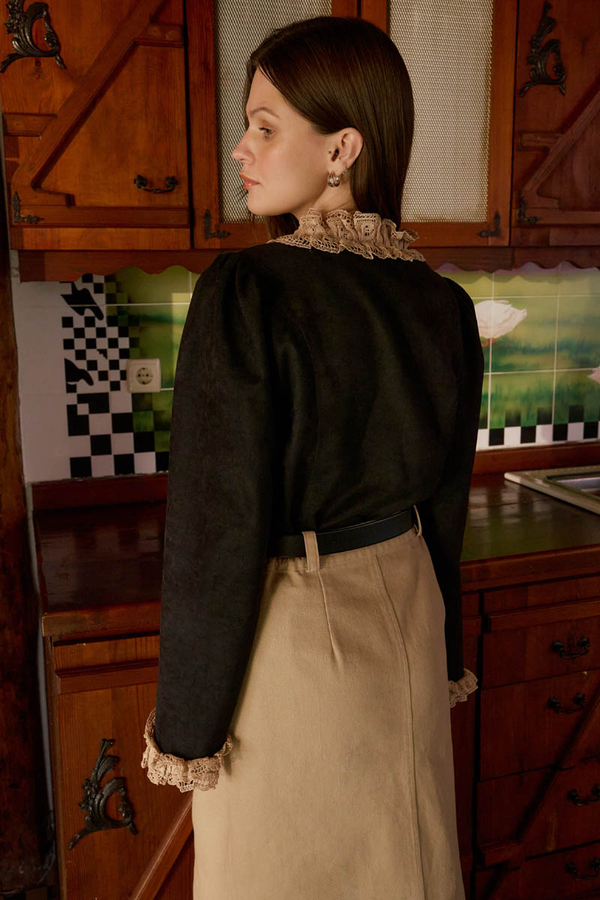 Lace Detail Short Suede Shirt Black - 5