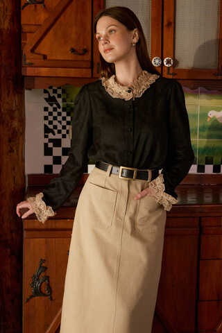 Lace Detail Short Suede Shirt Black (1)