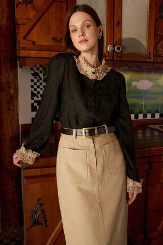 Lace Detail Short Suede Shirt Black