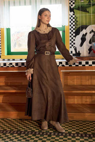 Lace Detail Short Suede Shirt Brown - 2