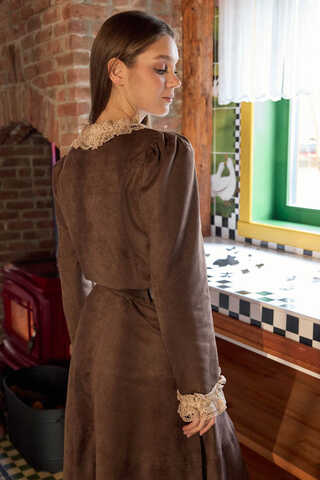 Lace Detail Short Suede Shirt Brown - 6