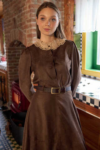 Lace Detail Short Suede Shirt Brown - 3