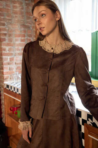 Lace Detail Short Suede Shirt Brown - 5