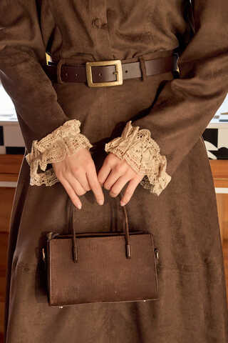 Lace Detail Short Suede Shirt Brown - 4