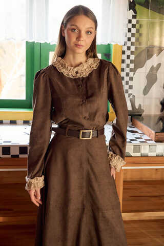 Lace Detail Short Suede Shirt Brown - 1