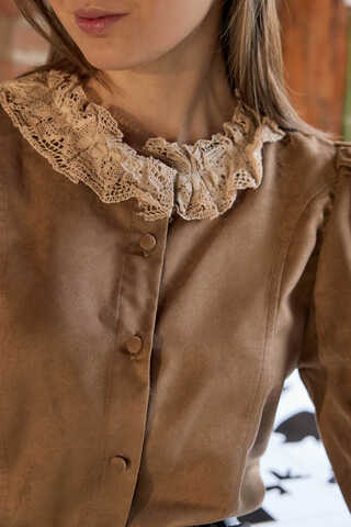 Lace Detail Short Suede Shirt Camel - 4