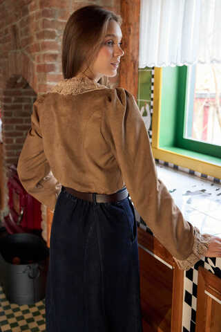 Lace Detail Short Suede Shirt Camel - 5