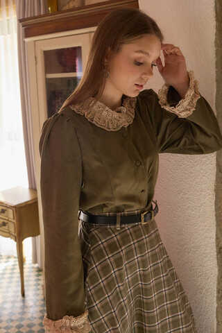 Lace Detail Short Suede Shirt Khaki - 10