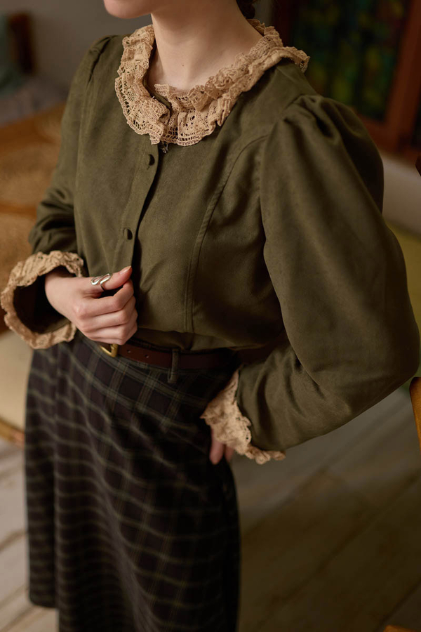 Lace Detail Short Suede Shirt Khaki - 1