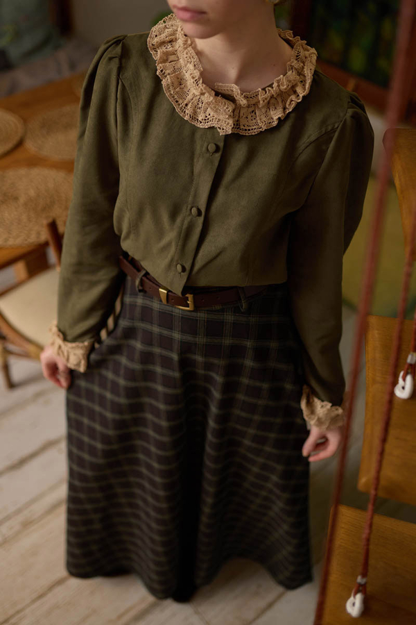 Lace Detail Short Suede Shirt Khaki - 8