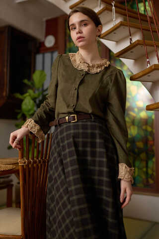 Lace Detail Short Suede Shirt Khaki - 4