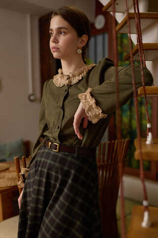 Lace Detail Short Suede Shirt Khaki - 6