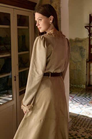 Lace Detail Short Suede Shirt Stone - 5