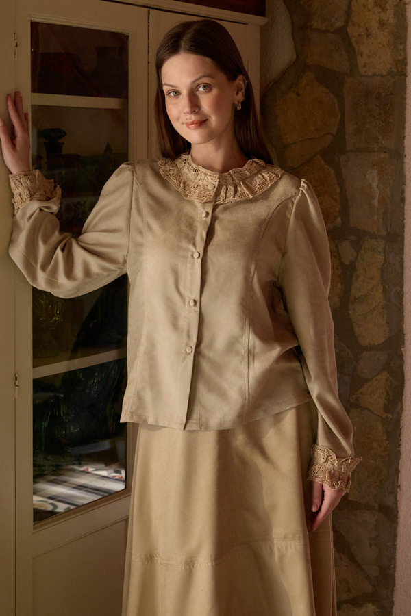 Lace Detail Short Suede Shirt Stone - 3