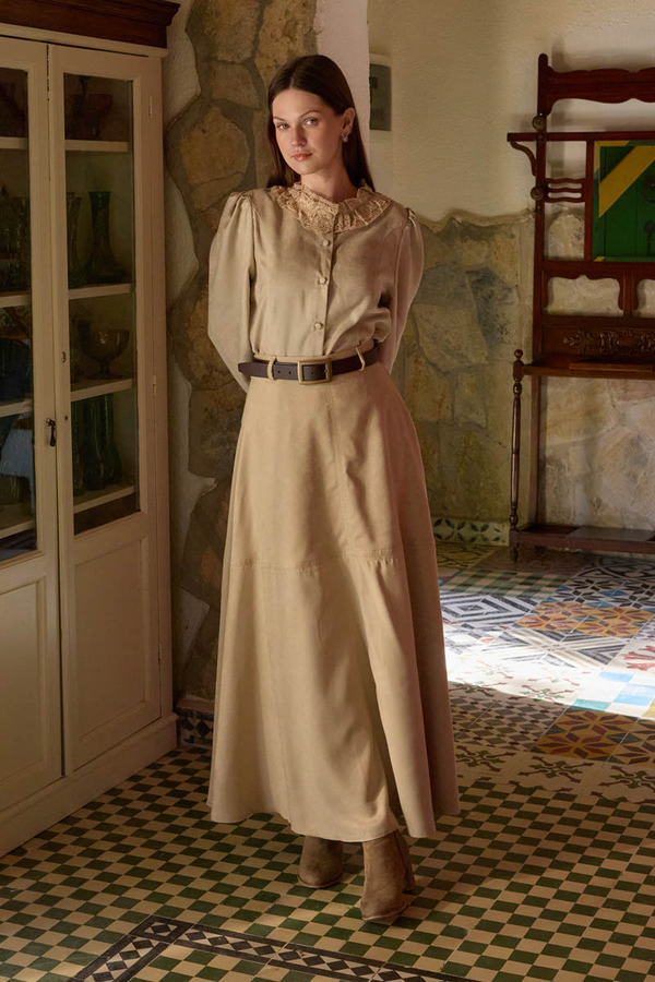 Lace Detail Short Suede Shirt Stone 