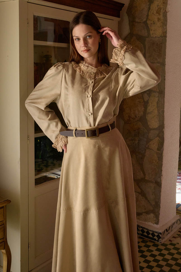 Lace Detail Short Suede Shirt Stone (1)