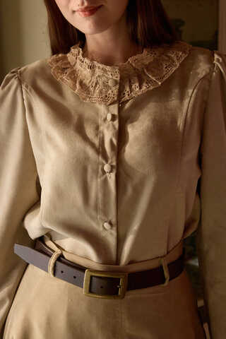 Lace Detail Short Suede Shirt Stone - 4