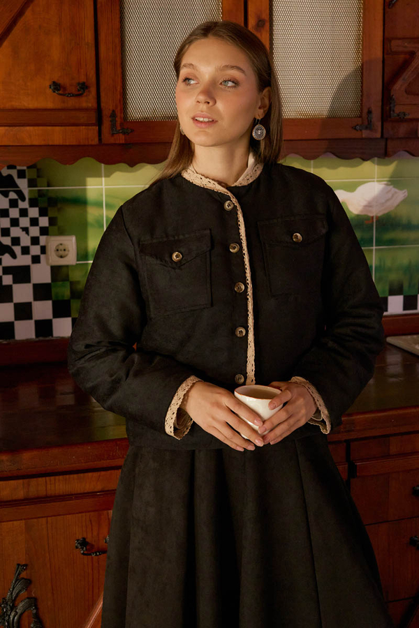 Lace Detail Suede Jacket Black - 2