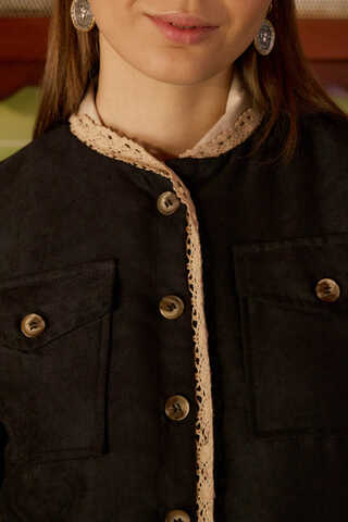 Lace Detail Suede Jacket Black - 3