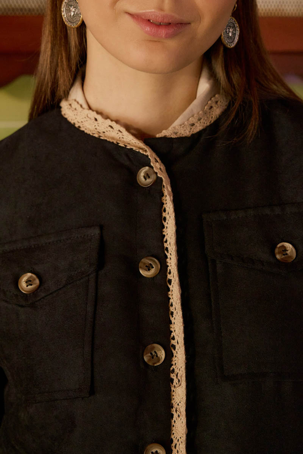 Lace Detail Suede Jacket Black - 3