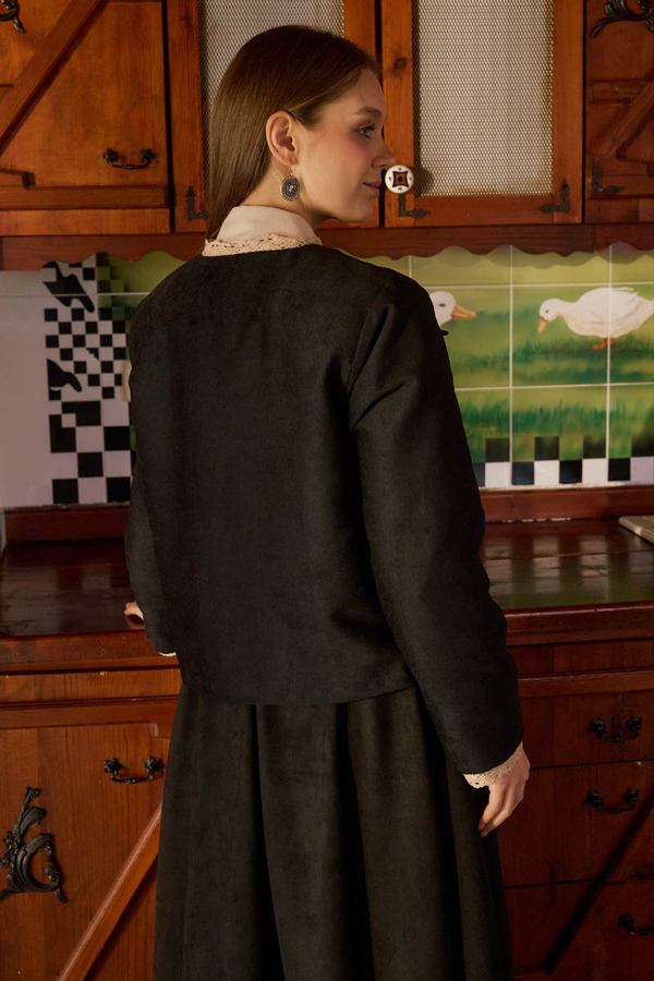 Lace Detail Suede Jacket Black - 5