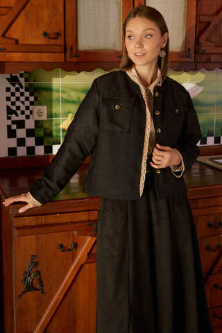 Lace Detail Suede Jacket Black - 4