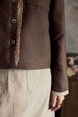 Lace Detail Suede Jacket Brown - 5