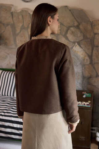 Lace Detail Suede Jacket Brown - 6