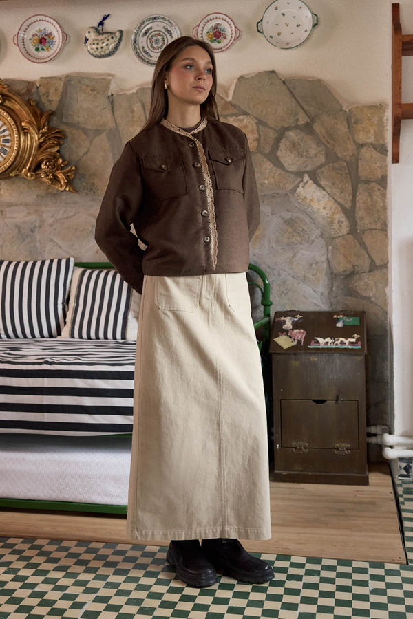 Lace Detail Suede Jacket Brown - 3