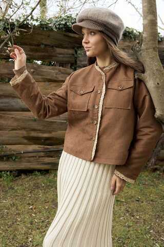 Lace Detail Suede Jacket Taba - 2