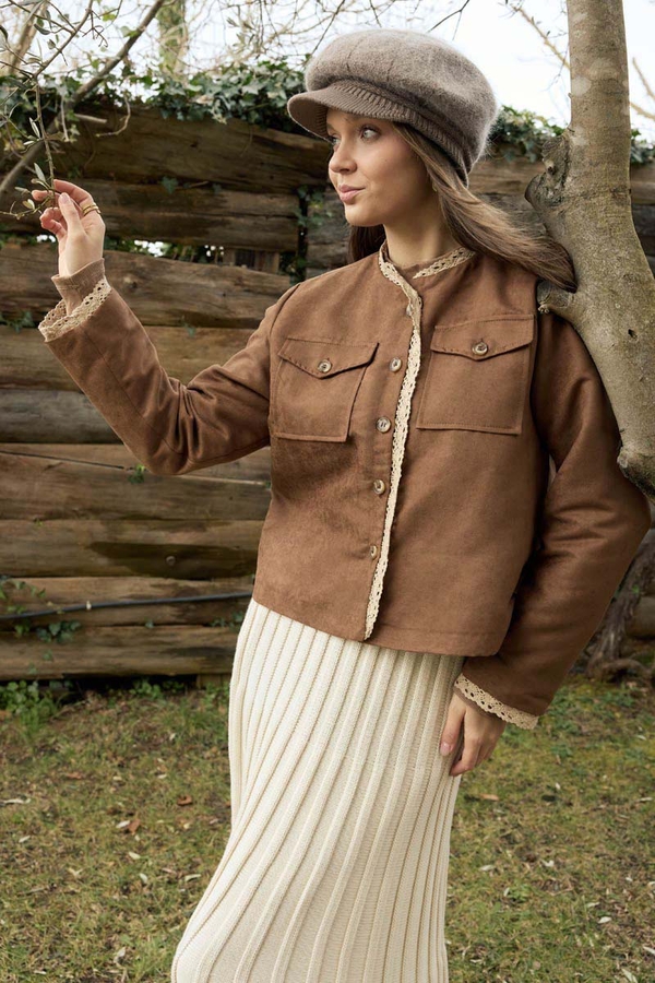 Lace Detail Suede Jacket Taba - 2