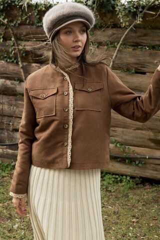 Lace Detail Suede Jacket Taba - 1