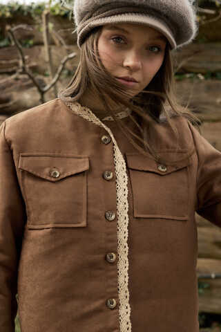 Lace Detail Suede Jacket Taba - 3