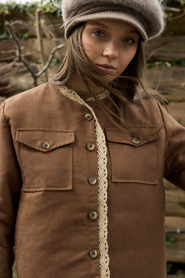 Lace Detail Suede Jacket Taba - 3