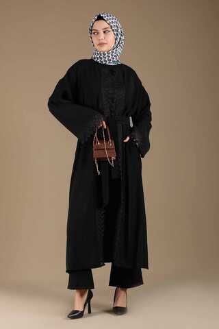 Lace Detailed Abaya Suit Black - 1