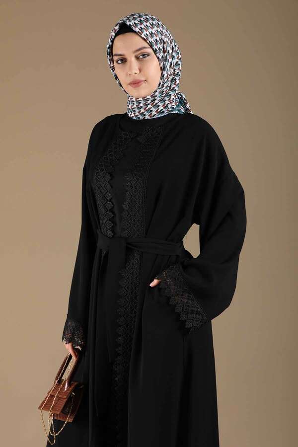 Lace Detailed Abaya Suit Black - 2