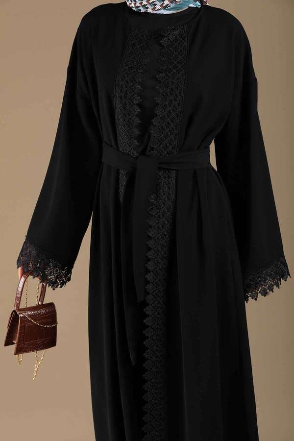Lace Detailed Abaya Suit Black - 4