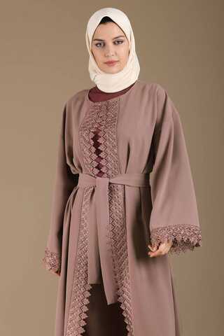 Lace Detailed Abaya Suit Dried Rose - 2