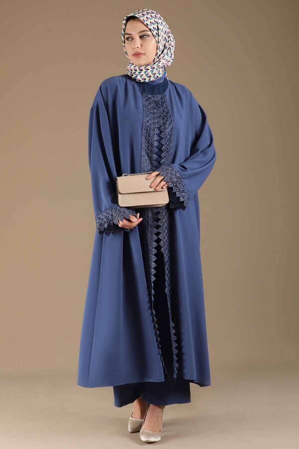 Lace Detailed Abaya Suit İndigo - 1