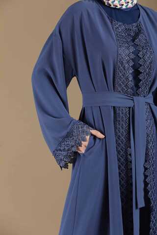 Lace Detailed Abaya Suit İndigo - 2