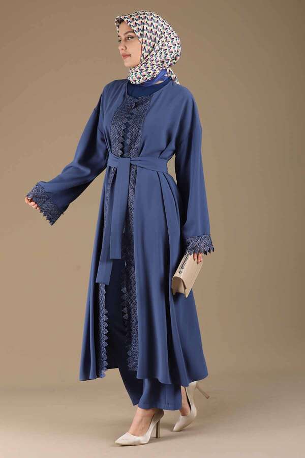 Lace Detailed Abaya Suit İndigo - 3
