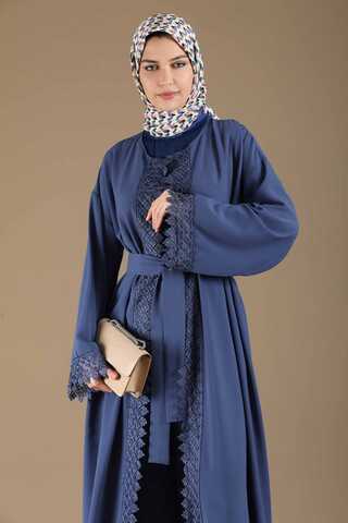 Lace Detailed Abaya Suit İndigo - 4