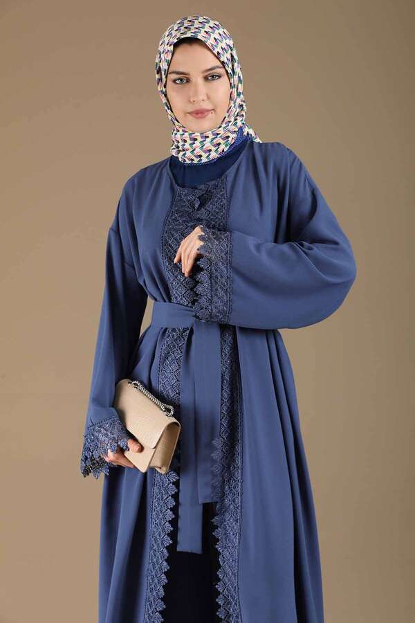 Lace Detailed Abaya Suit İndigo - 4